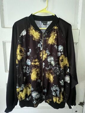 Cotton Express Casual Zip-Front Bomber Jacket - Black & Yellow Floral Design